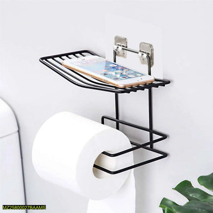 Wall Mounted Bathroom Tissue Holder with Mobile Phone Storage Shelf – Durable Iron, Multipurpose Design