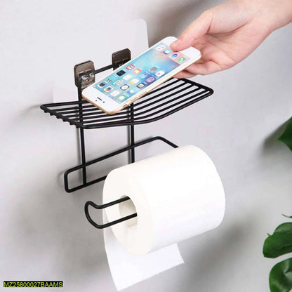 Wall Mounted Bathroom Tissue Holder with Mobile Phone Storage Shelf – Durable Iron, Multipurpose Design